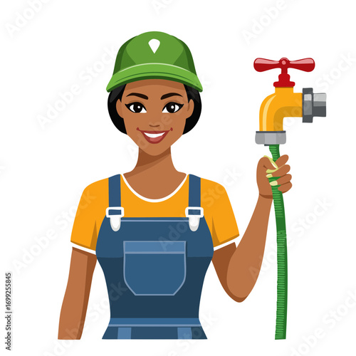 Smiling female plumber holding a garden hose and faucet.