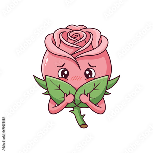 A cute cartoon illustration of a pink rose character with a shy and embarrassed expression, blushing and covering its face with leaves