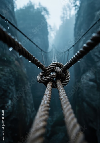 Rain-Kissed Rope Bridge Knot: A Moody Close-Up in a Misty Gorge