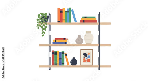Aesthetic Bookshelf Illustration with Books, Vases and Decoration object