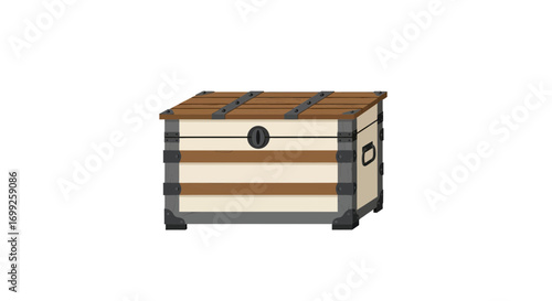 An illustrated depiction of a sturdy wooden trunk,isolated on white