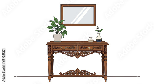 Artistic Illustration of an Ornate Console Table with Décor Elements