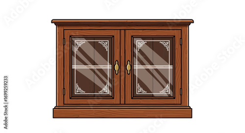 Charming Cartoon Style Illustration of a Wooden Display Cabinet with Ornate Glass