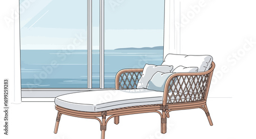 Charming rattan daybed near large window with calming seaside view