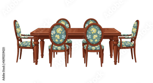 Classic dining set illustration with floral upholstered chairs and wooden table