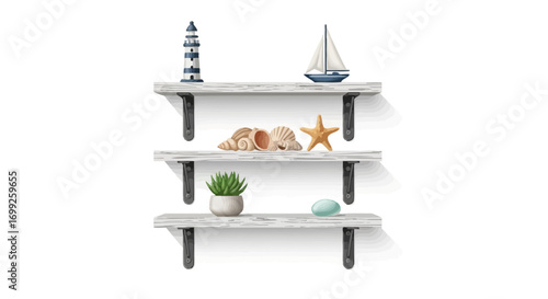 Coastal themed decoration on wooden shelves against a white backdrop