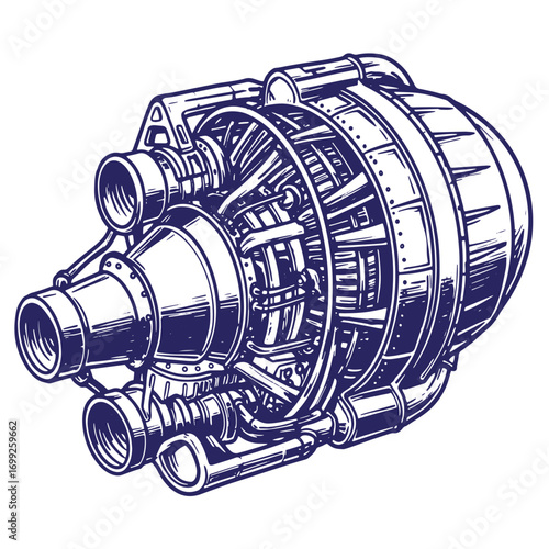 Detailed illustration of a vintage style jet engine with multiple components and a retro design