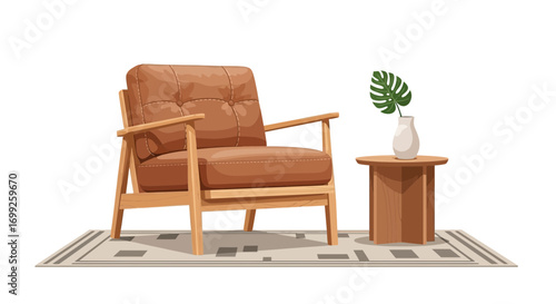 Comfortable leather armchair near the coffee table in an interior setting