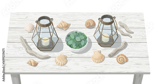 Coastal inspired tabletop arrangement with decorative elements and calming vibe