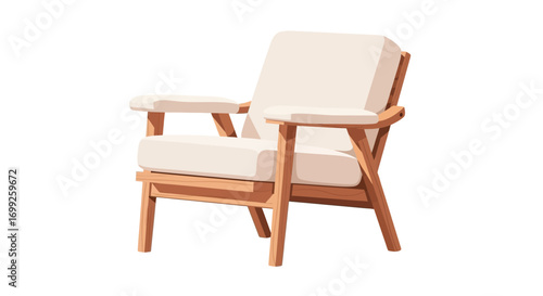 Comfortable armchair with a wooden frame and soft, light-colored cushions