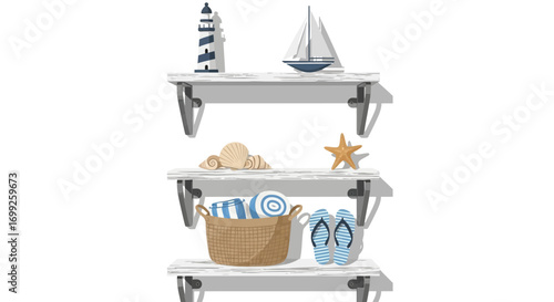 Coastal themed shelves featuring lighthouse, sailboat, and beach accessories