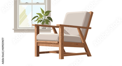 Comfortable wooden armchair beside window with indoor green plant