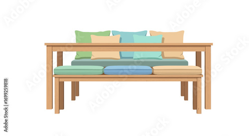 Cozy wooden bench decorated with colorful cushions vector illustration