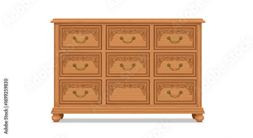 Detailed illustration of a wooden dresser with nine drawers and ornate details