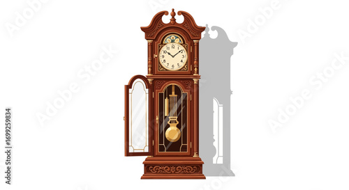 Detailed Illustration of a Classic Grandfather Clock with Open Door