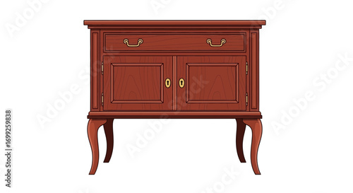 Detailed illustration of vintage wooden cabinet with drawer and doors