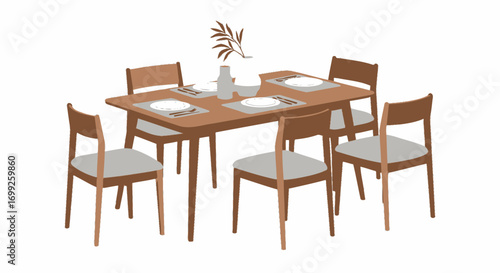 Dining room scene illustration featuring a wooden table and six chairs