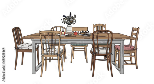 Dining room scene with table set with flowers, books and rustic charm