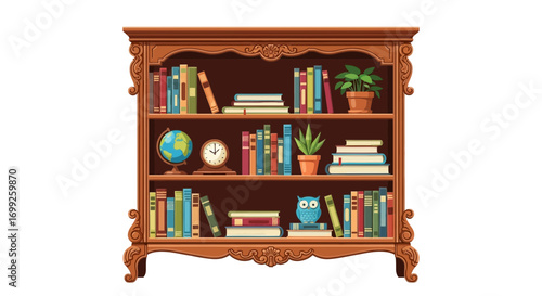 Elaborate bookshelf illustration brimming with literature and decorative items