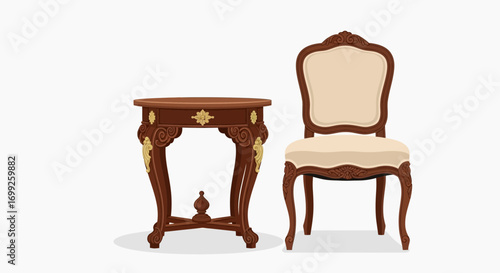Elegant antique furniture set featuring table and chair, detailed artwork