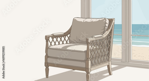 Elegant Armchair by the Window Overlooking a Serene Beach Scene