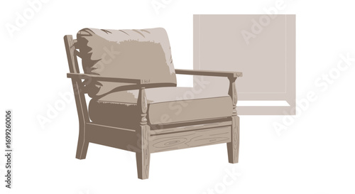 Elegant chair with wooden frame and beige cushions next the window