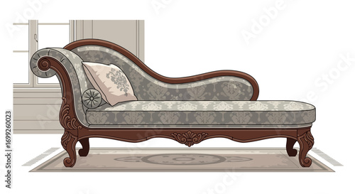 Elegant chaise lounge with vintage details in a bright interior space