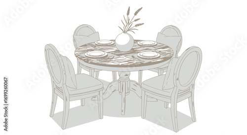 Elegant dining arrangement featuring a round table and decorative vase