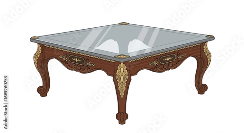 Elegant Glass Top Coffee Table with Intricate Wood Carvings Decoration