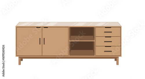 Elegant light brown wooden sideboard, simple lines and functional design
