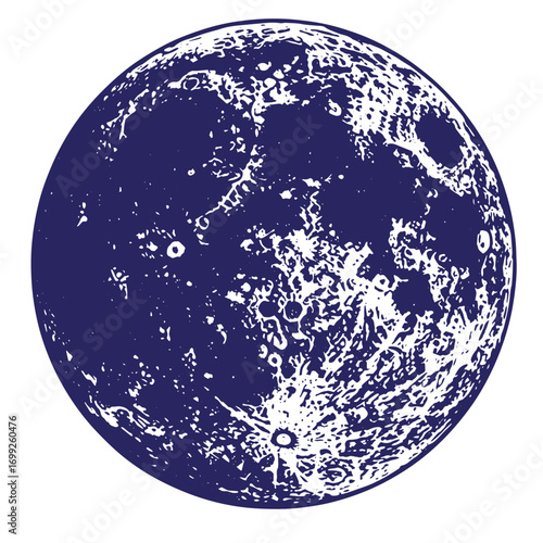 Detailed illustration of the moon surface showing craters and dark blue sky