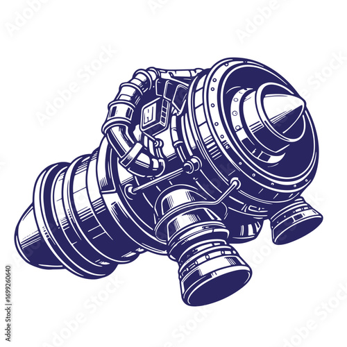 Detailed line art illustration of a jet engine with multiple functional components