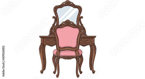 Elegant vintage vanity table with mirror and chair isolated on white background