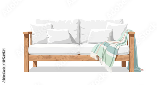 Elegant white couch with wooden frame and a soft throw blanket