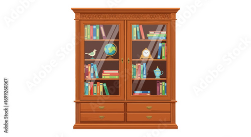 Elegant wooden bookcase with glass doors showcasing curated book collection
