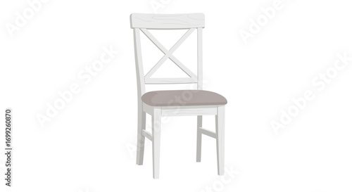 Elegant white wooden chair with upholstered seat, isolated on white background