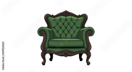Illustration of a luxurious green armchair with elaborate wood carving