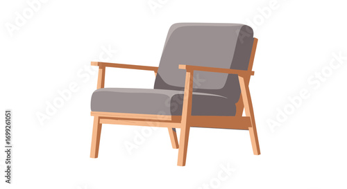 Illustration of a stylish armchair with wooden frame and gray cushion