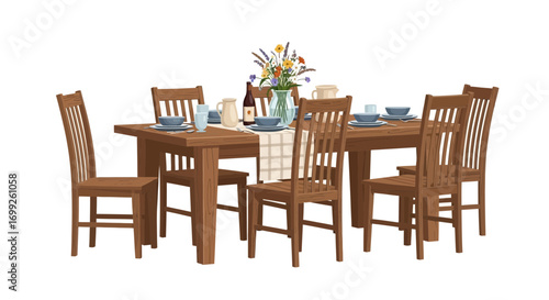 Illustration of a set dining room table with flowers and dinnerware