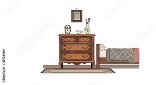Illustration of a vintage bedroom scene with furniture and decor elements