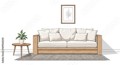 Living room interior with wooden sofa, plant, and framed botanical art
