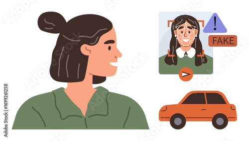 Woman observes facial recognition result with fraud alert, suspicious identity flagged, and associated elements. Ideal for cybersecurity, fraud prevention, AI, identity protection, mobile