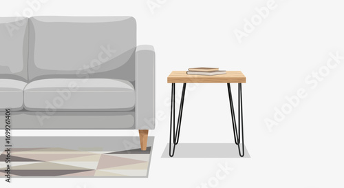 Minimalist interior scene featuring a gray sofa and a wooden side table