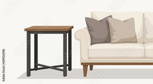 Minimalist interior scene featuring a sofa alongside a modern side table