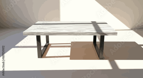 Minimalist table with intriguing shadows casting geometric patterns on the floor