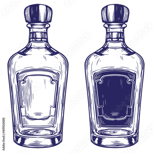 Detailed vector illustration of two elegant tequila bottles with engraved line art