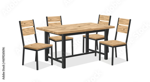 Modern dining set illustration featuring wooden table and chairs design