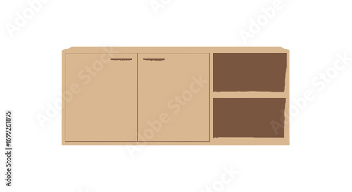 Modular shelving unit with cabinets and open storage compartments icon