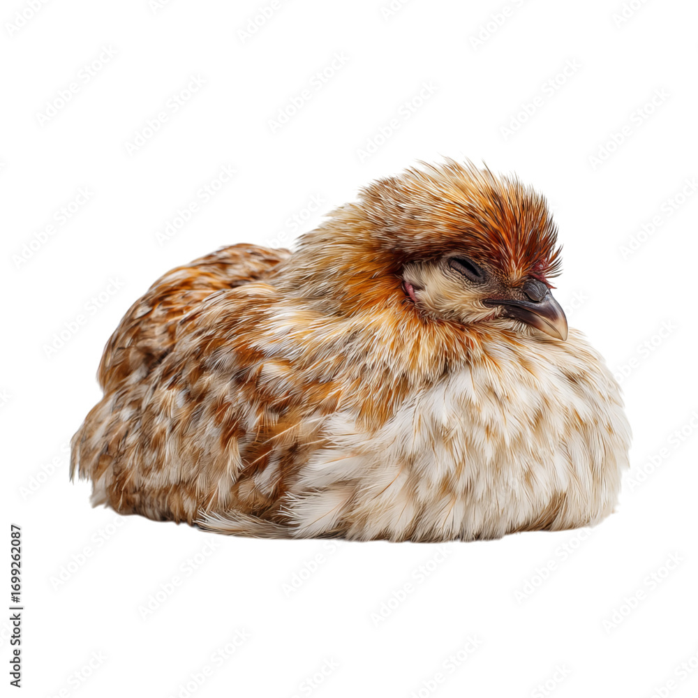 Fototapeta premium A fluffy brown bird rests peacefully, showcasing its soft feathers and serene expression.