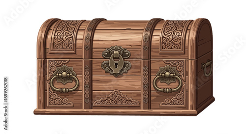 Ornate antique chest crafted from richly detailed brown wood and metalwork